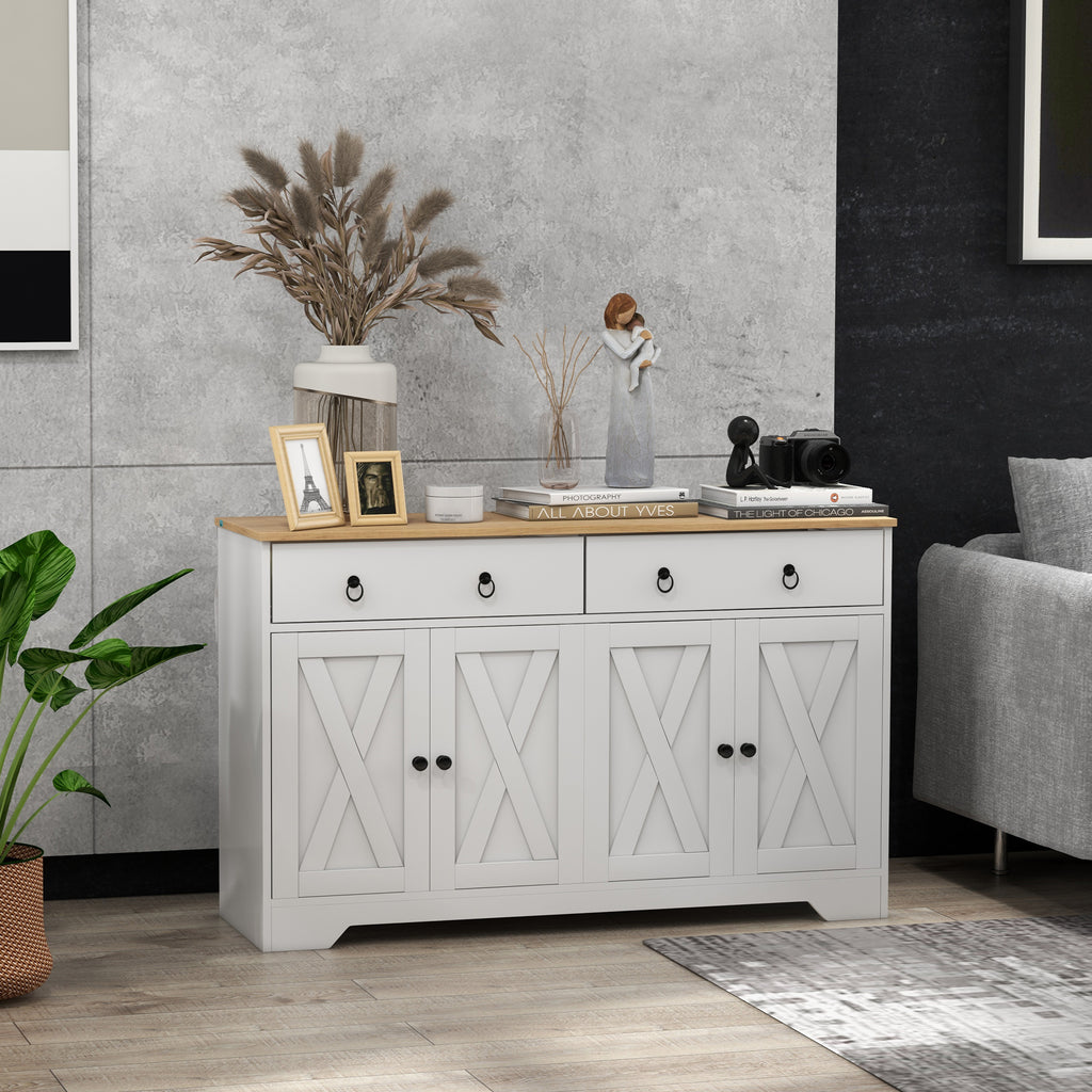 Buffet meuble de rangement armoire de cuisine style rural 2 tiroirs et 2 placards étagères à hauteurs réglables blanc