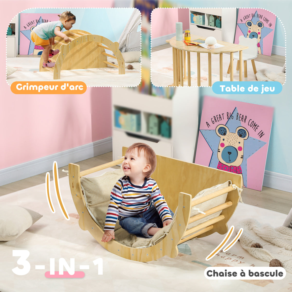 3 en 1 Arche d'escalade fauteuil à bascule et table de jeu coussin, en bois naturel, pour enfants de 18 à 48 mois