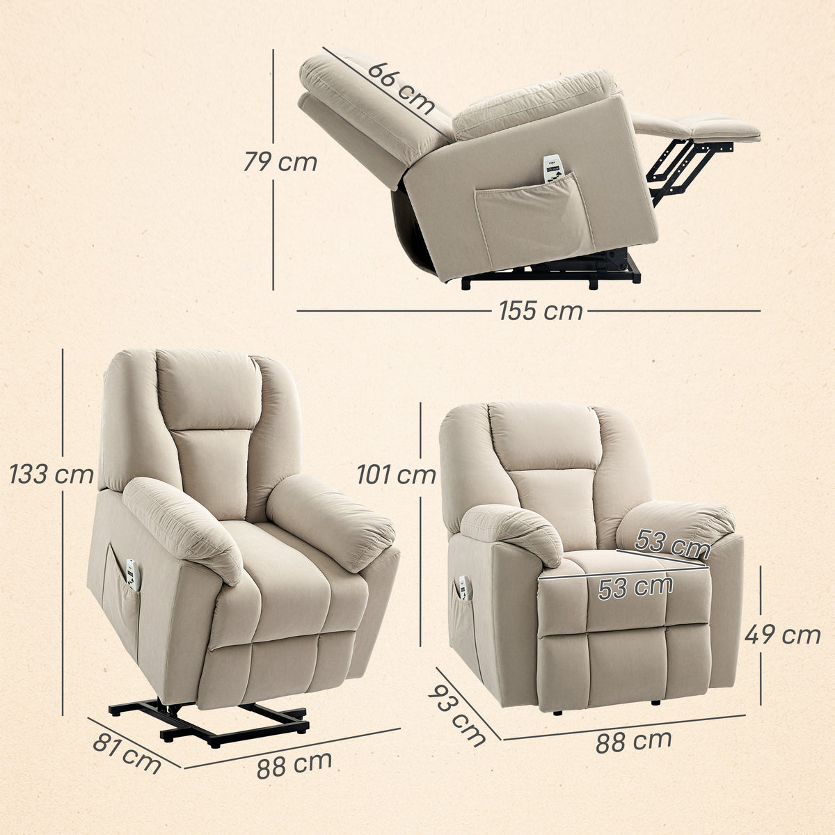 Fauteuil releveur électrique avec fonction massage et chauffage avec dossier inclinable, ports USB, télécommande, beige