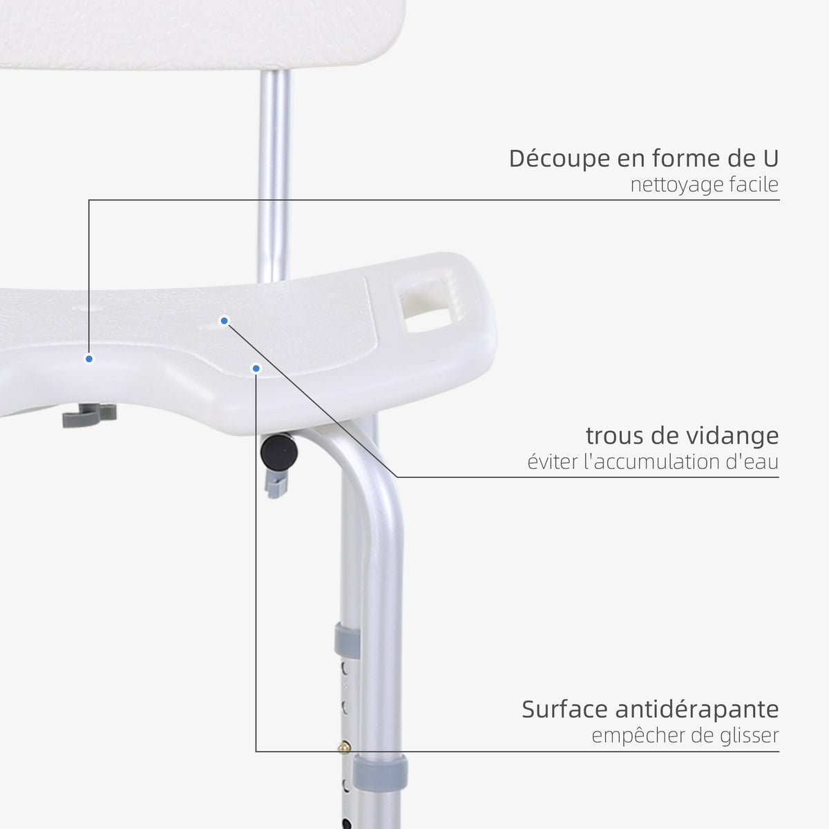 tabouret de douche chaise de douche ergonomique hauteur réglable pieds antidérapants charge max. 136 Kg alu HDPE