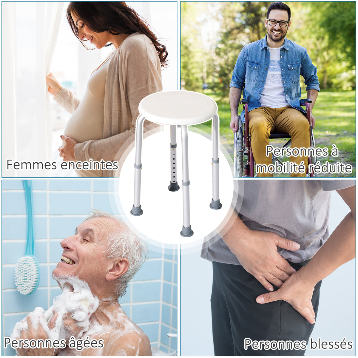 Tabouret de Douche réglable en Hauteur siège de Douche Ergonomique Pieds antidérapants Charge Max. 136 Kg alu HDPE Blanc