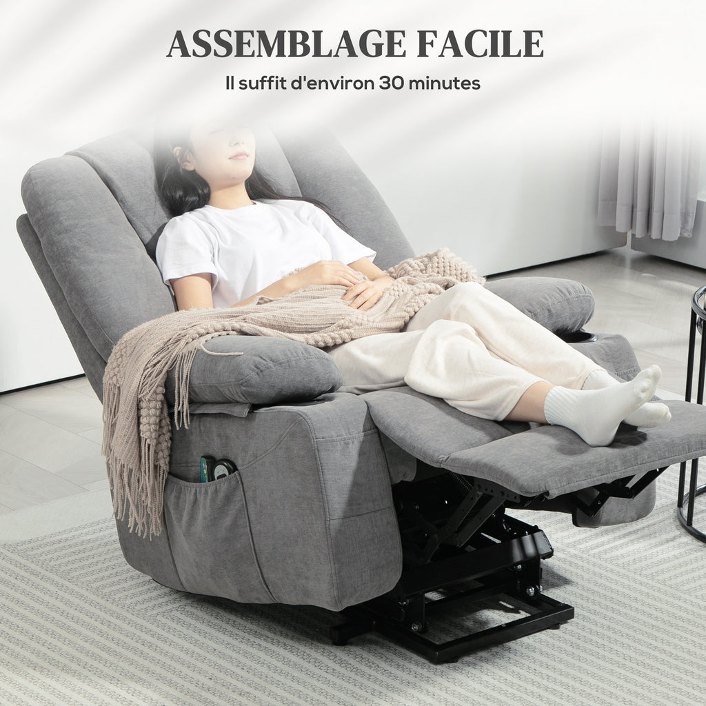 Fauteuil releveur relax électrique, fonction massage et chaleur, inclinaison réglable, repose-pied, télécommandes, gris