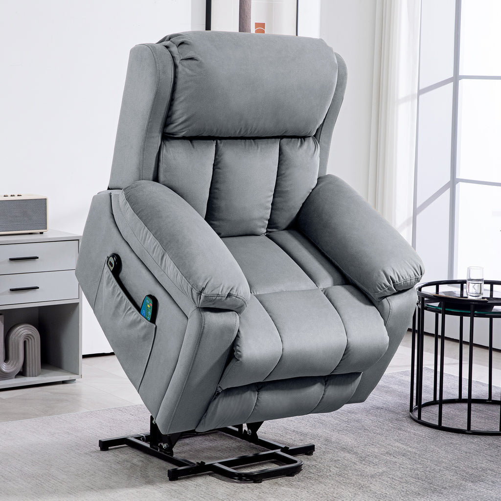 Fauteuil releveur électrique avec fonction massage et chaleur inclinaison réglable revêtement synthétique tissu gris