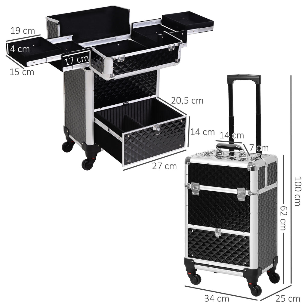 Valise trolley maquillage mallette cosmétique vanity poignée télescopique réglable 34L x 25l x 62H cm alu. noir