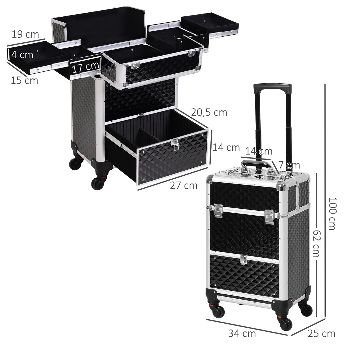 Valise trolley maquillage mallette cosmétique vanity poignée télescopique réglable 34L x 25l x 62H cm alu. noir
