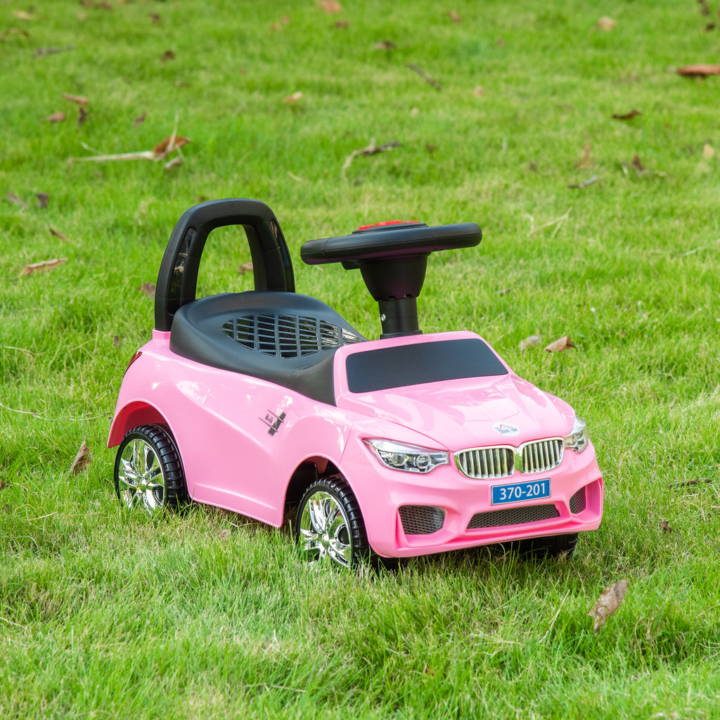Porteur enfants voiture, véhicule à pousser avec coffre à jouets, klaxon, phares et musique, 63,5 x 28 x 36 cm, rose