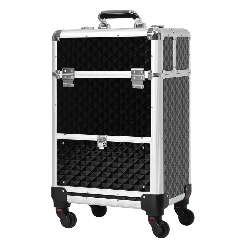 Valise trolley maquillage mallette cosmétique vanity poignée télescopique réglable 34L x 25l x 62H cm alu. noir
