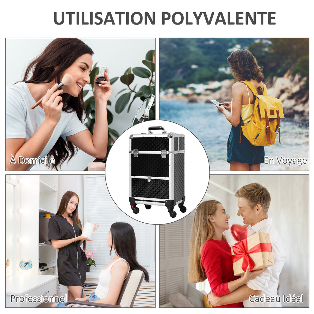 Valise trolley maquillage mallette cosmétique vanity poignée télescopique réglable 34L x 25l x 62H cm alu. noir