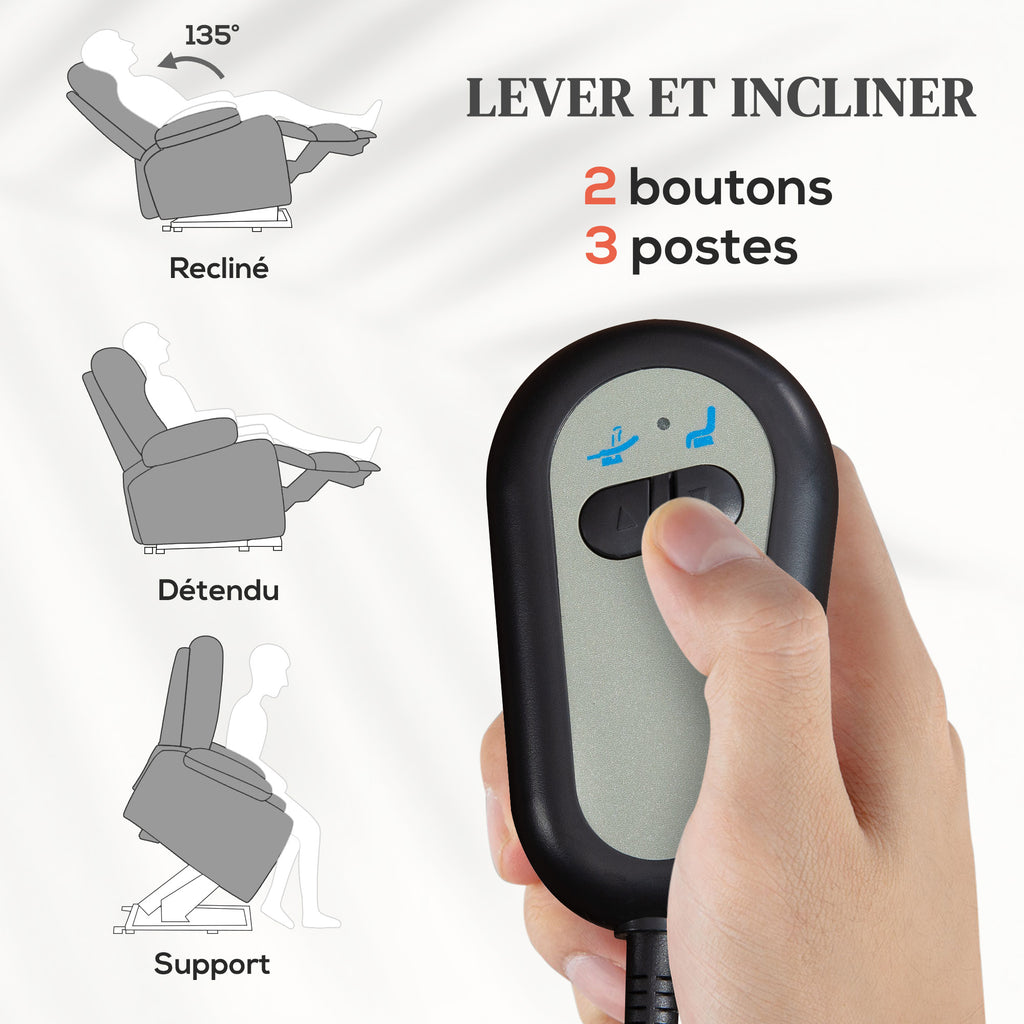 Fauteuil releveur relax électrique, fonction massage et chaleur, inclinaison réglable, repose-pied, télécommandes, gris