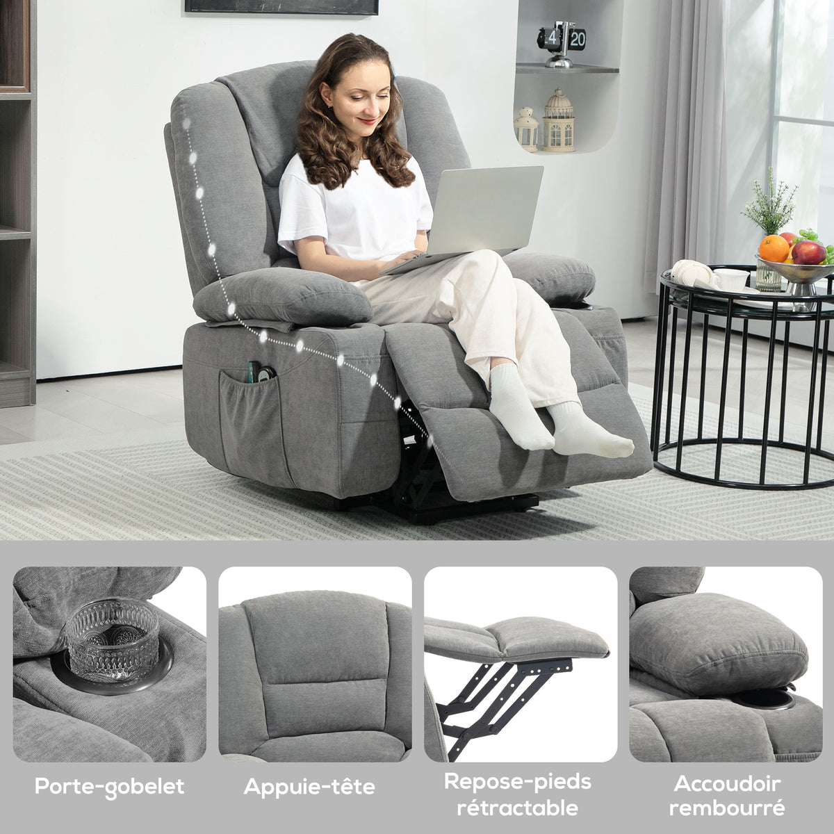 Fauteuil releveur relax électrique, fonction massage et chaleur, inclinaison réglable, repose-pied, télécommandes, gris