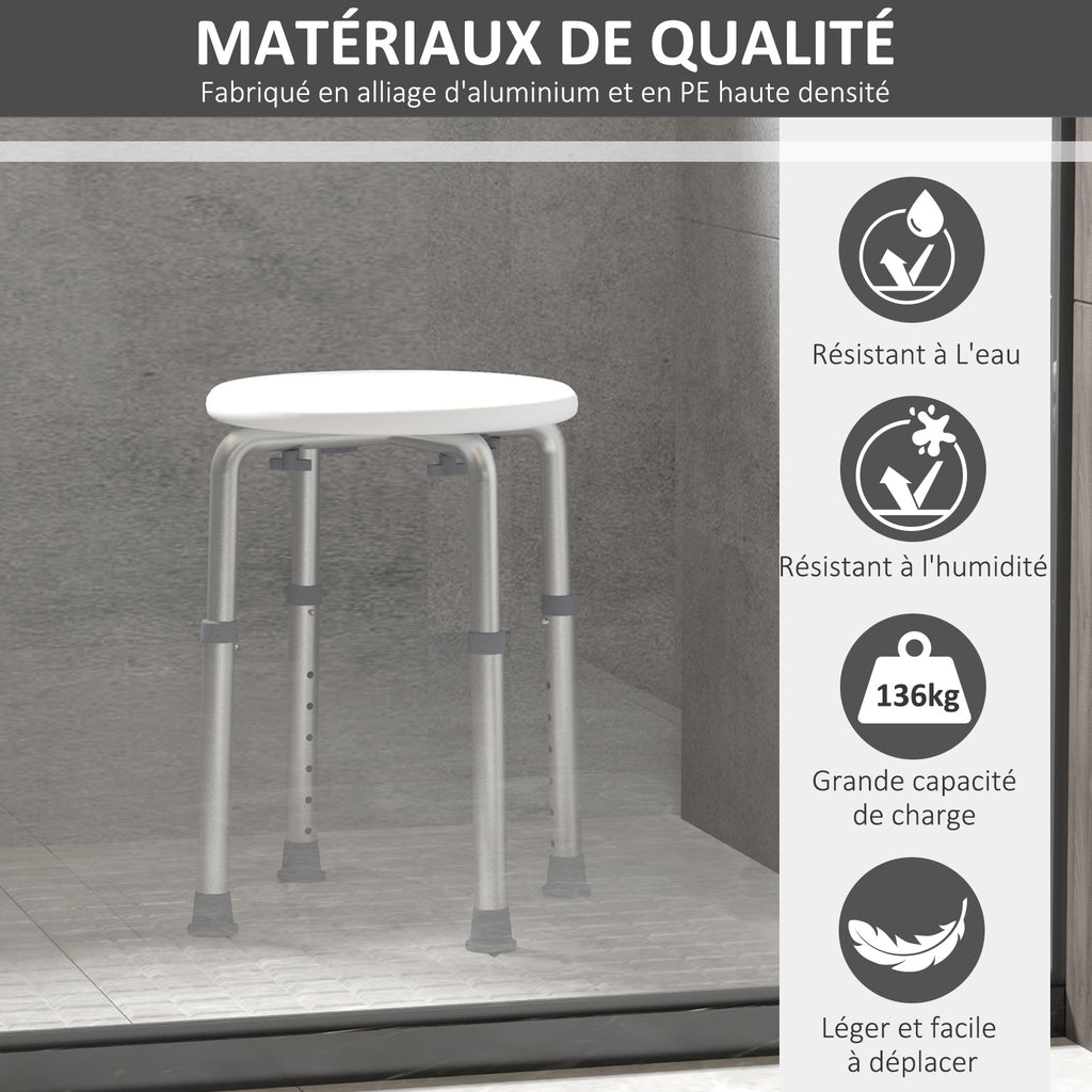 Tabouret de Douche réglable en Hauteur siège de Douche Ergonomique Pieds antidérapants Charge Max. 136 Kg alu HDPE Blanc