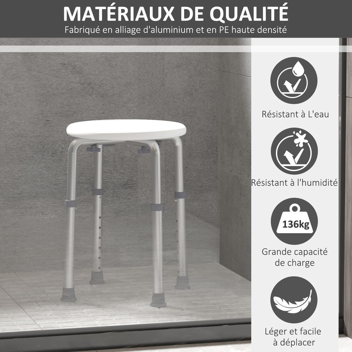 Tabouret de Douche réglable en Hauteur siège de Douche Ergonomique Pieds antidérapants Charge Max. 136 Kg alu HDPE Blanc