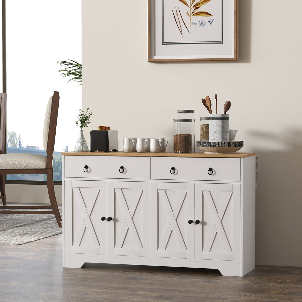 Buffet meuble de rangement armoire de cuisine style rural 2 tiroirs et 2 placards étagères à hauteurs réglables blanc