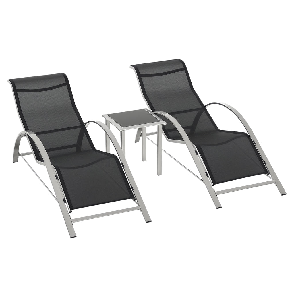 Lot de 2 bains de soleil design contemporain table basse plateau verre trempé métal époxy textilène gris foncé