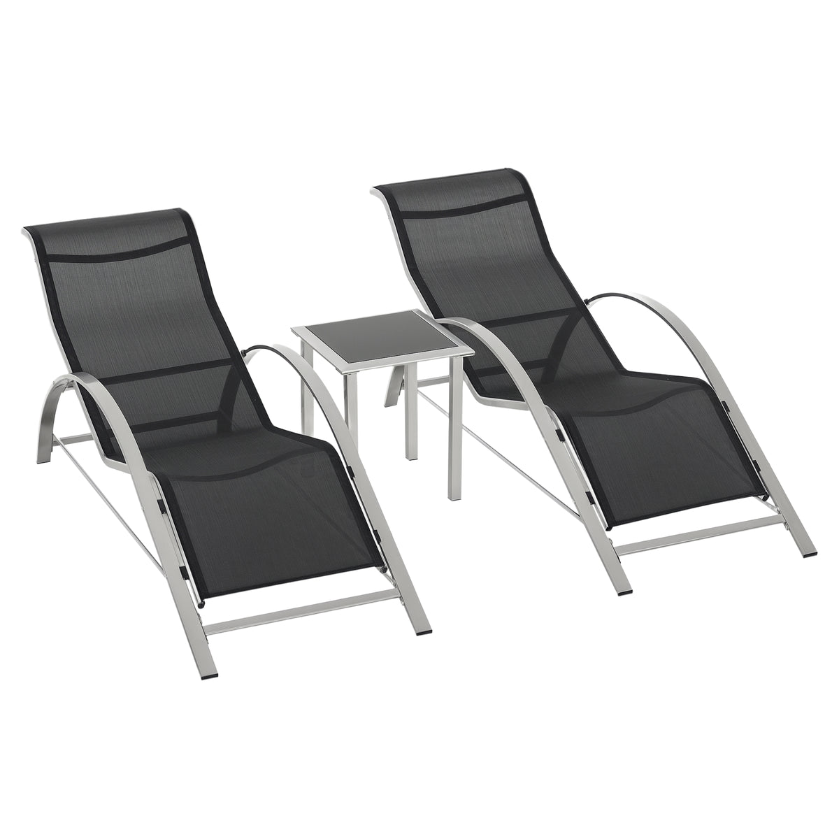 Lot de 2 bains de soleil design contemporain table basse plateau verre trempé métal époxy textilène gris foncé