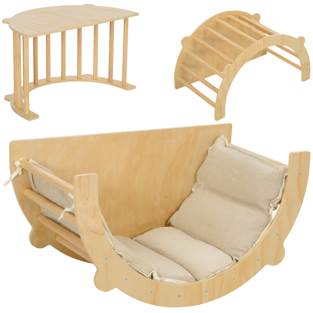 3 en 1 Arche d'escalade fauteuil à bascule et table de jeu coussin, en bois naturel, pour enfants de 18 à 48 mois