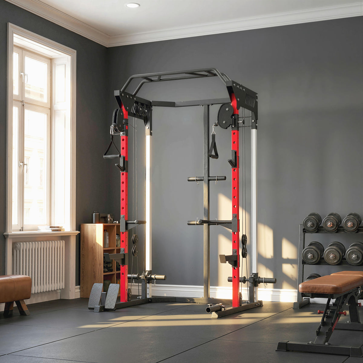 Station de Musculation Power Rack 900kg Double Poulie Réglable 19 Niveaux Home Gym Complet pour Entraînement Force Noir