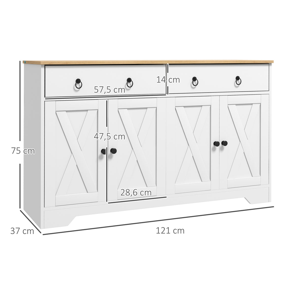 Buffet meuble de rangement armoire de cuisine style rural 2 tiroirs et 2 placards étagères à hauteurs réglables blanc
