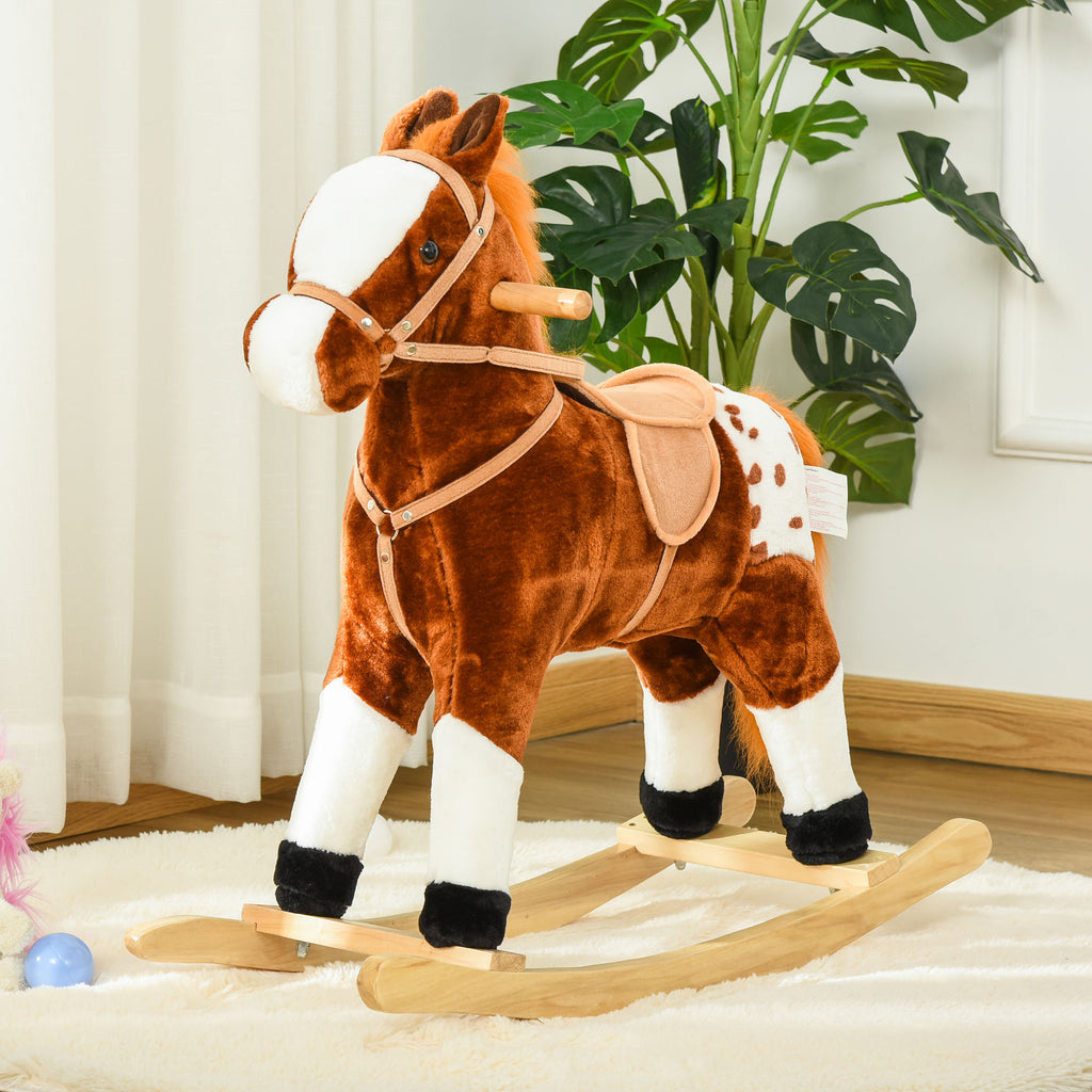 Cheval à Bascule en Bois et Peluche pour Enfant Cheval de Cowboy peluche Pour Enfants de 3-6 Ans Jouet balançoire avec Effet sonore Selle rênes Marron Blanc