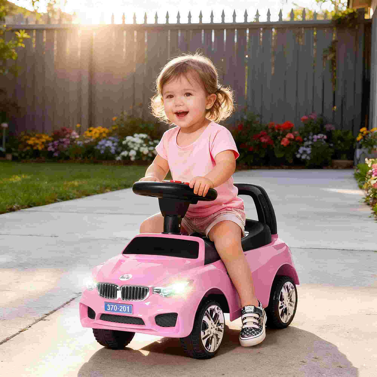 Porteur enfants voiture, véhicule à pousser avec coffre à jouets, klaxon, phares et musique, 63,5 x 28 x 36 cm, rose