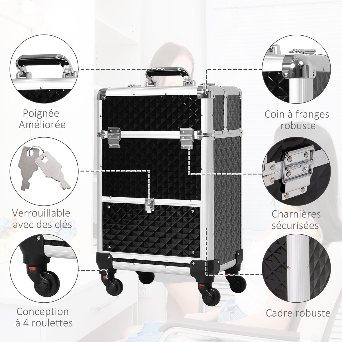 Valise trolley maquillage mallette cosmétique vanity poignée télescopique réglable 34L x 25l x 62H cm alu. noir