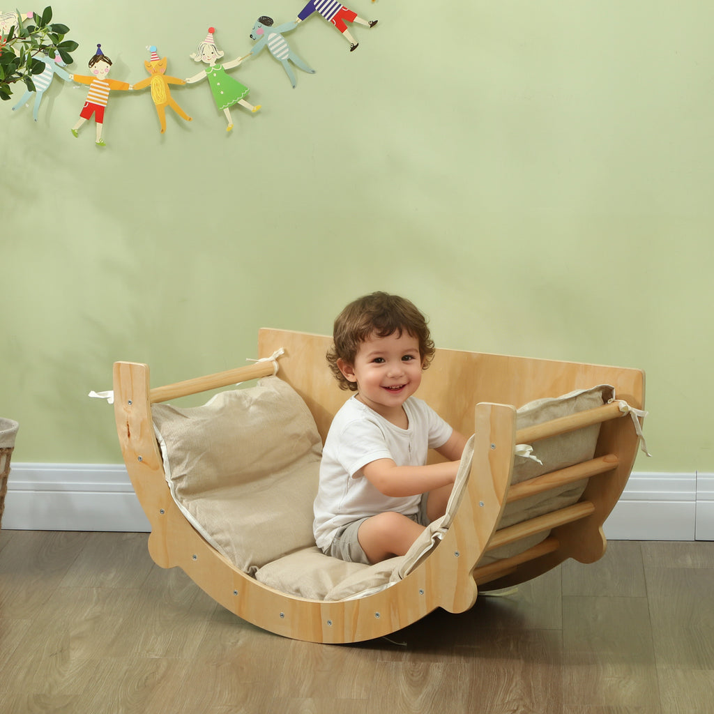 3 en 1 Arche d'escalade fauteuil à bascule et table de jeu coussin, en bois naturel, pour enfants de 18 à 48 mois