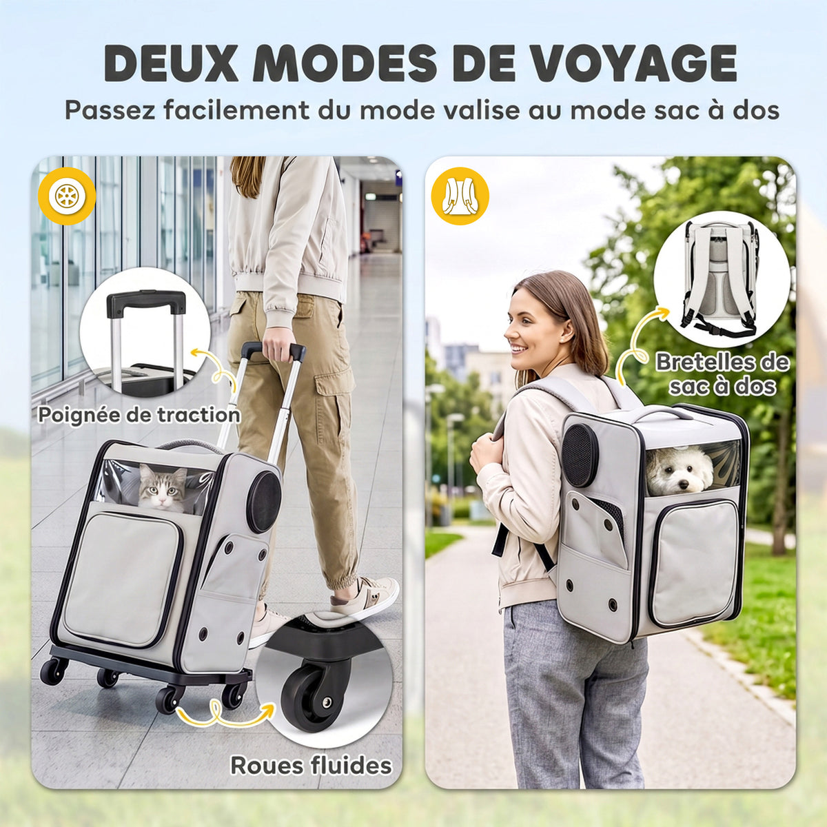 Sac de Transport pour Chat 2-en-1 à Roulettes Pliable Extensible Ventilé Soutien Lombaire Respirant 34x28x43cm Gris
