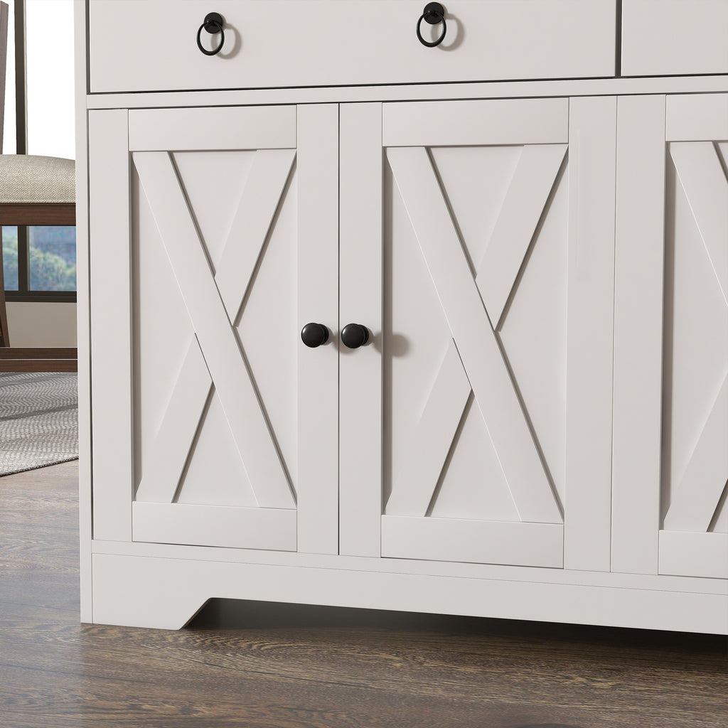 Buffet meuble de rangement armoire de cuisine style rural 2 tiroirs et 2 placards étagères à hauteurs réglables blanc