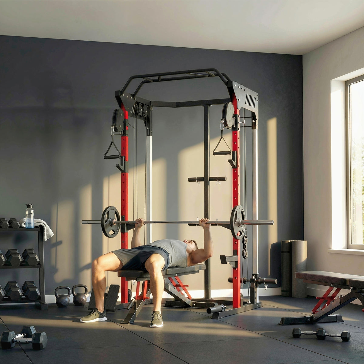 Station de Musculation Power Rack 900kg Double Poulie Réglable 19 Niveaux Home Gym Complet pour Entraînement Force Noir