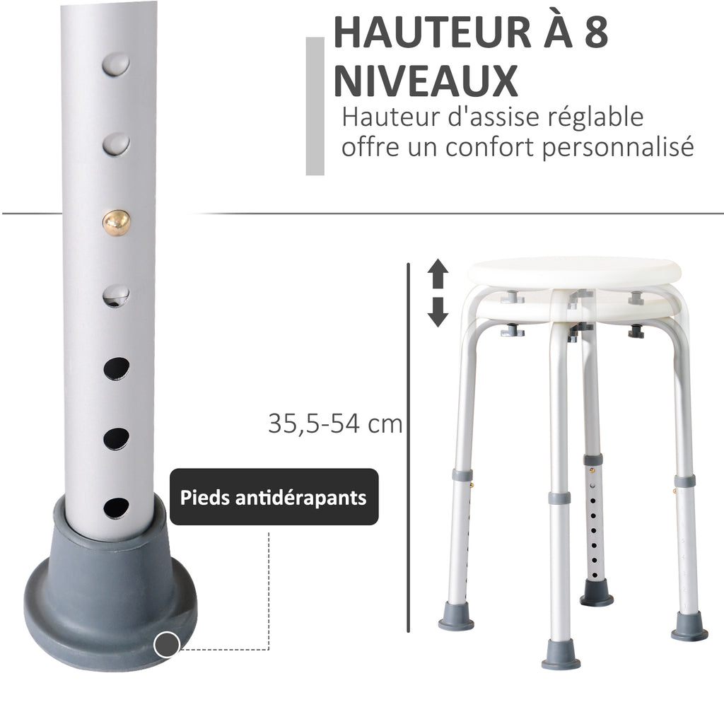Tabouret de Douche réglable en Hauteur siège de Douche Ergonomique Pieds antidérapants Charge Max. 136 Kg alu HDPE Blanc