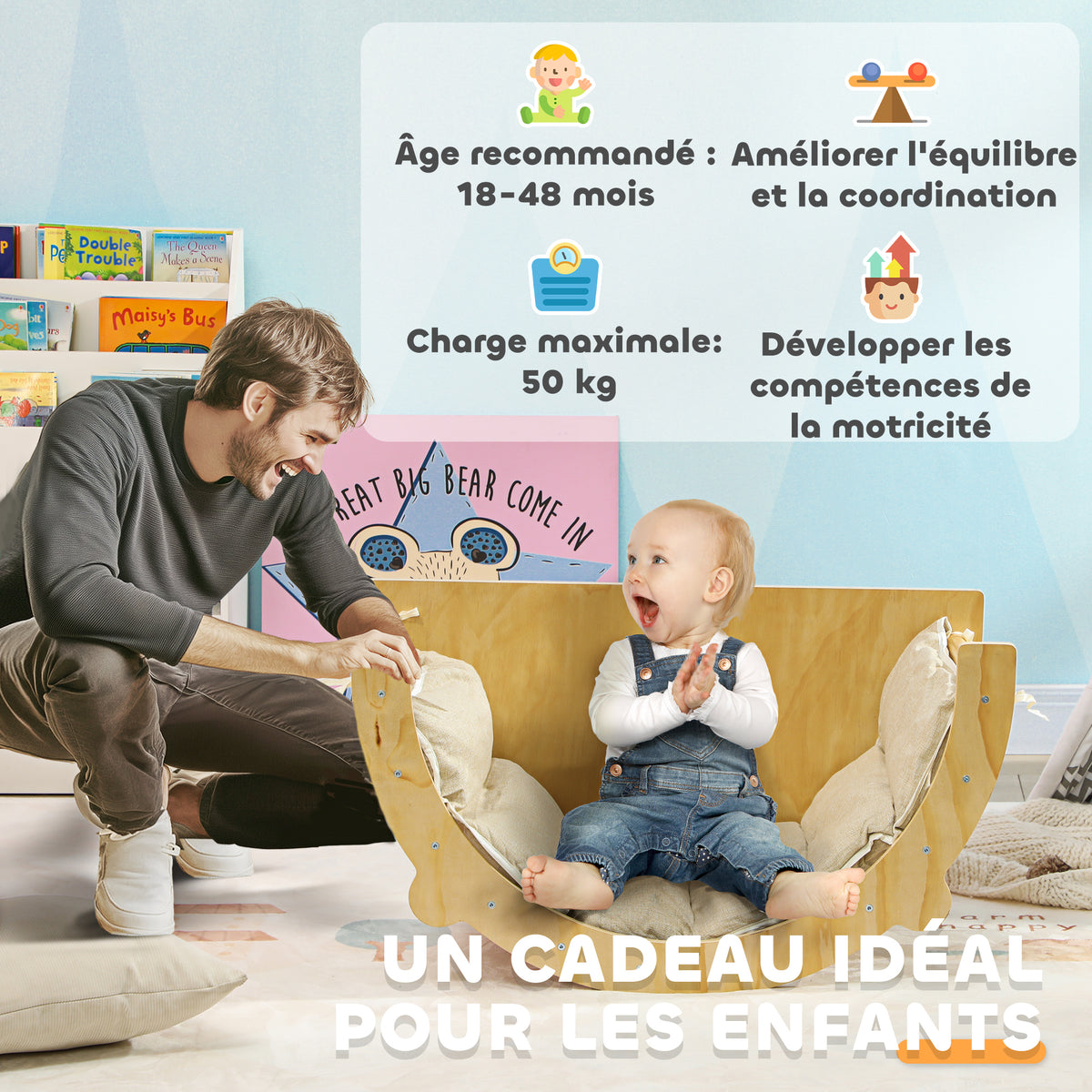 3 en 1 Arche d'escalade fauteuil à bascule et table de jeu coussin, en bois naturel, pour enfants de 18 à 48 mois