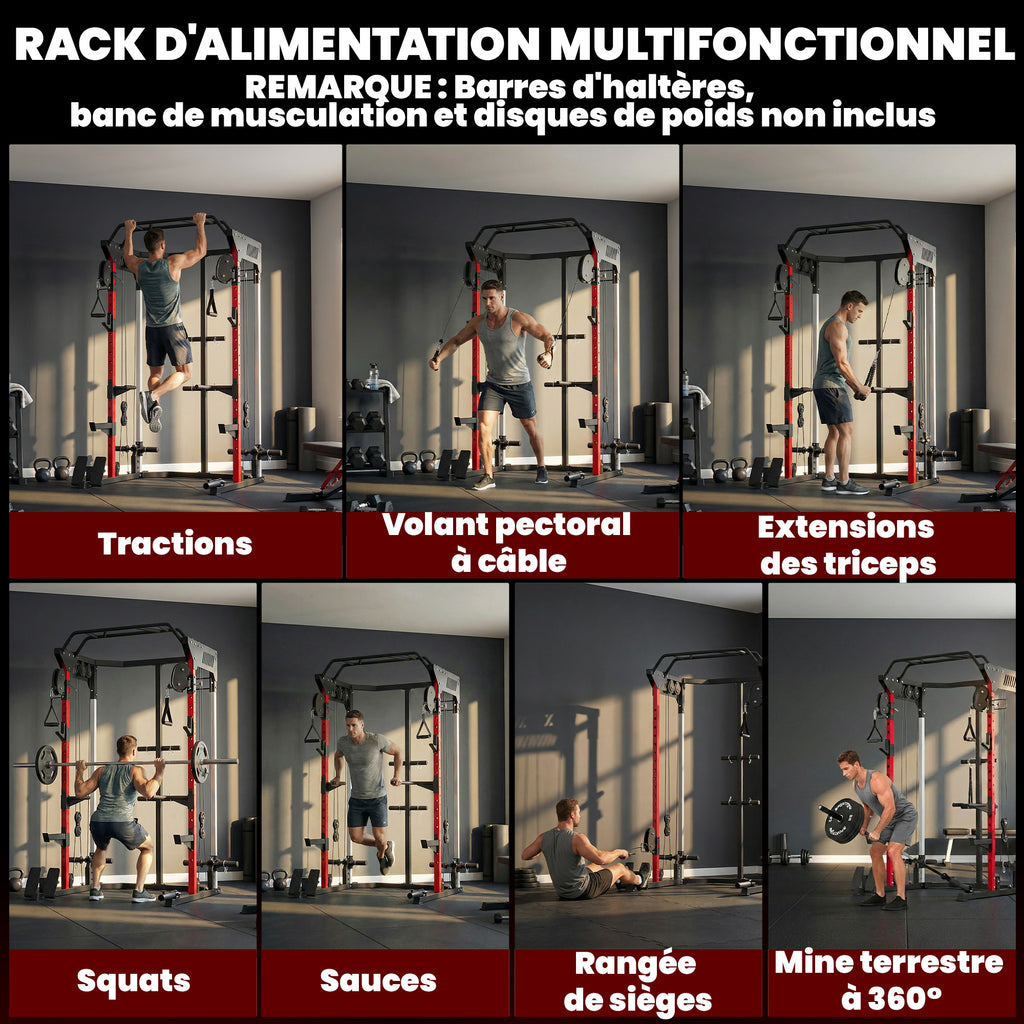 Station de Musculation Power Rack 900kg Double Poulie Réglable 19 Niveaux Home Gym Complet pour Entraînement Force Noir