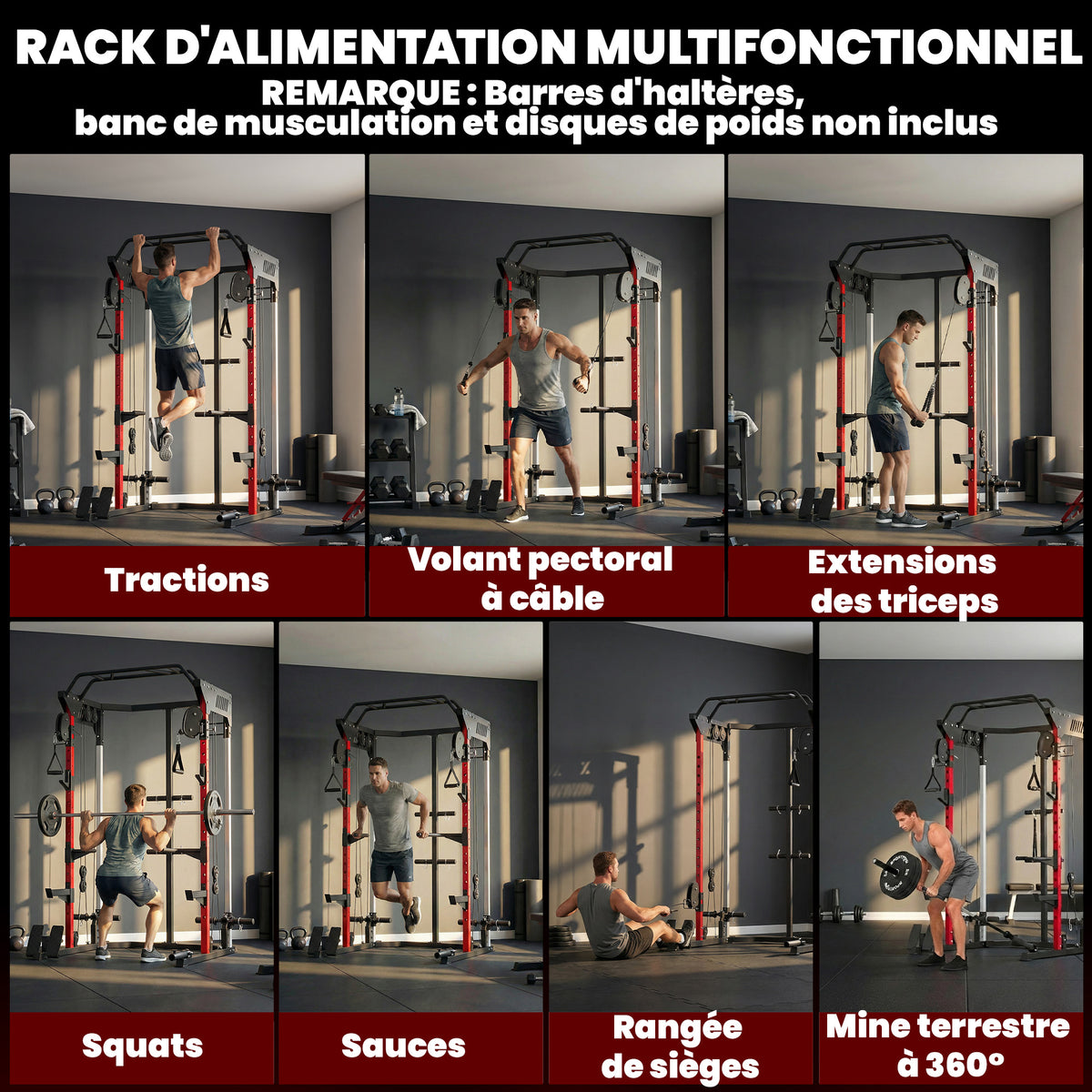 Station de Musculation Power Rack 900kg Double Poulie Réglable 19 Niveaux Home Gym Complet pour Entraînement Force Noir