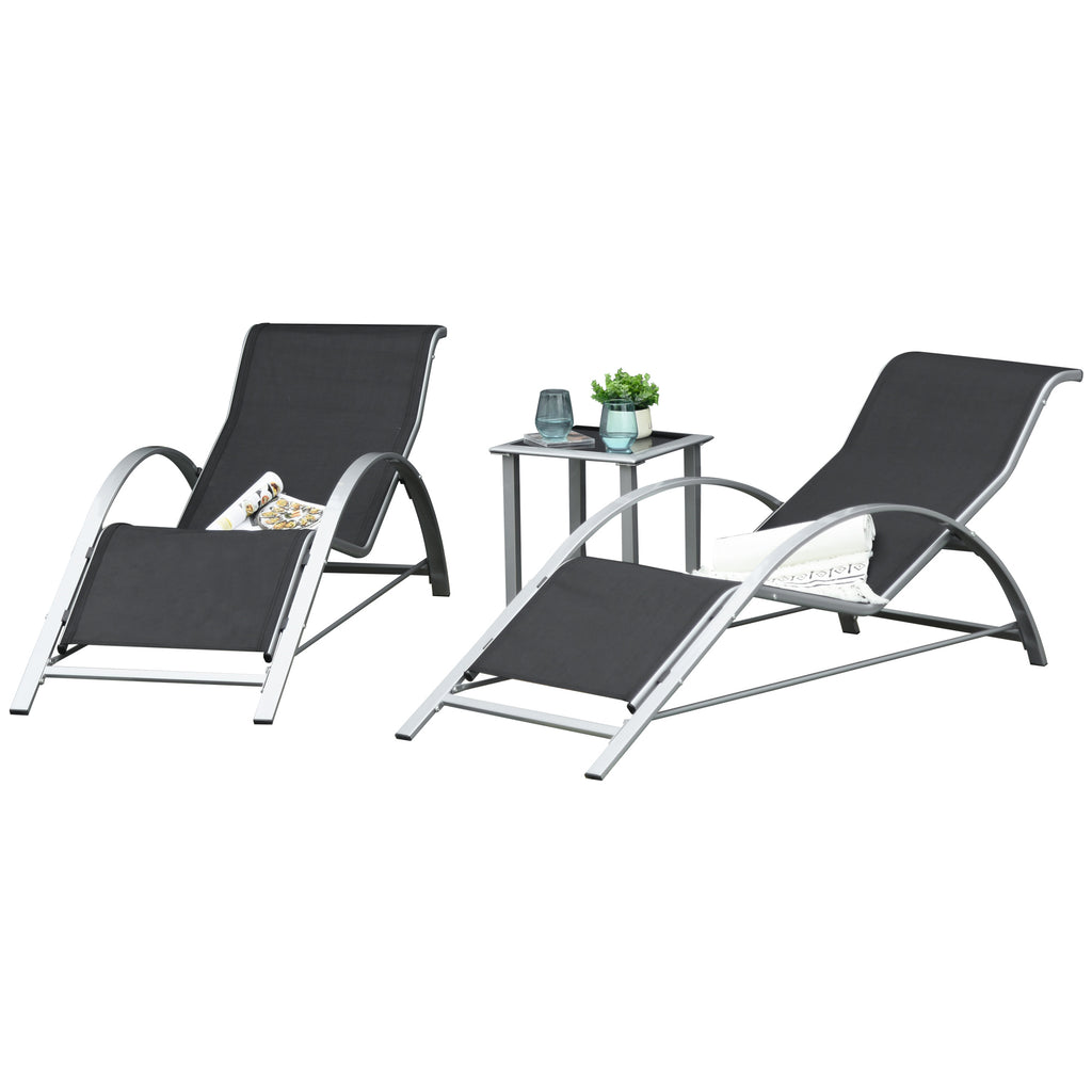Lot de 2 bains de soleil design contemporain table basse plateau verre trempé métal époxy textilène gris foncé