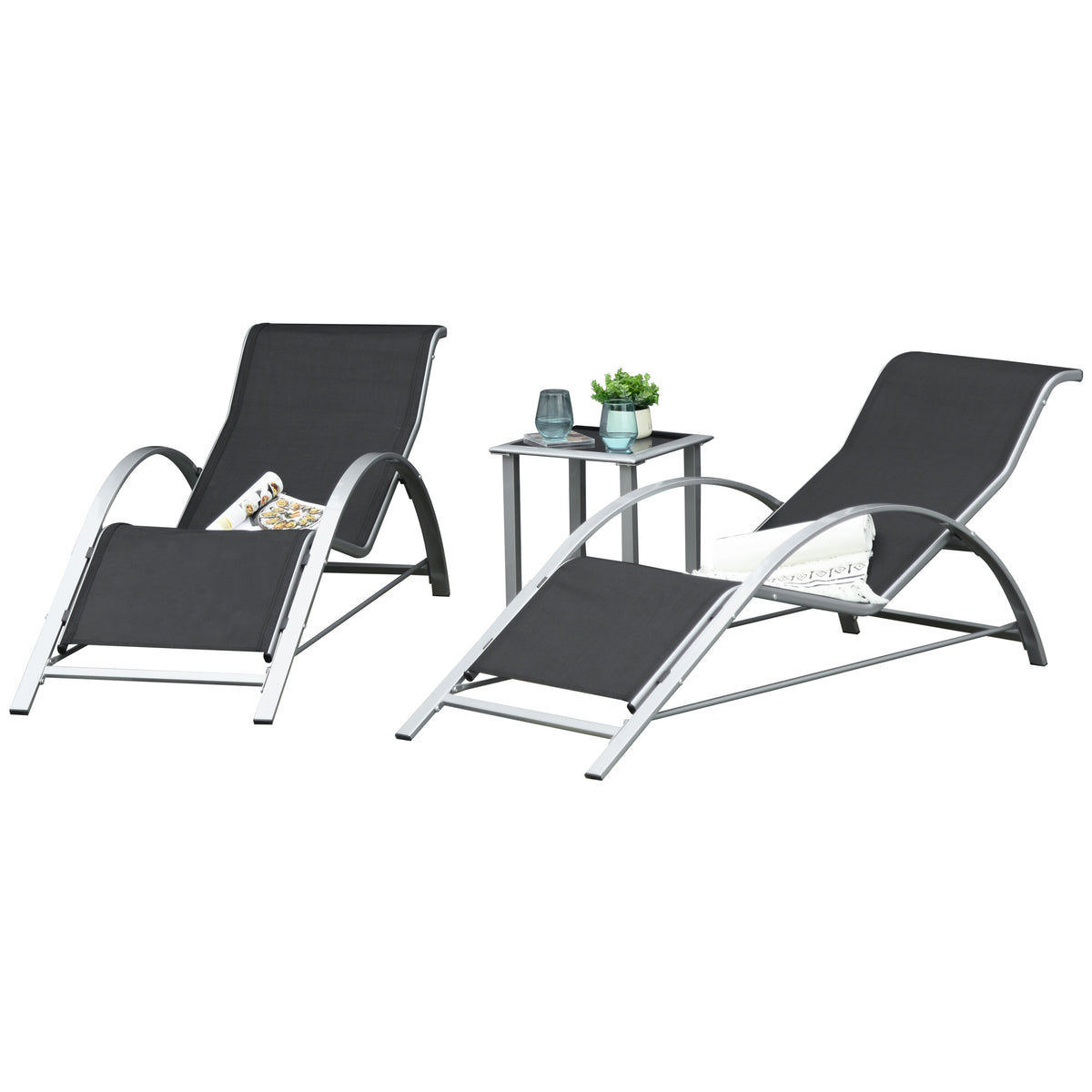 Lot de 2 bains de soleil design contemporain table basse plateau verre trempé métal époxy textilène gris foncé