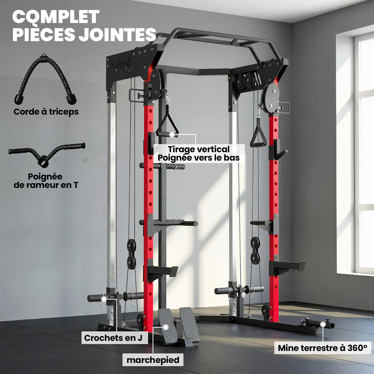 Station de Musculation Power Rack 900kg Double Poulie Réglable 19 Niveaux Home Gym Complet pour Entraînement Force Noir