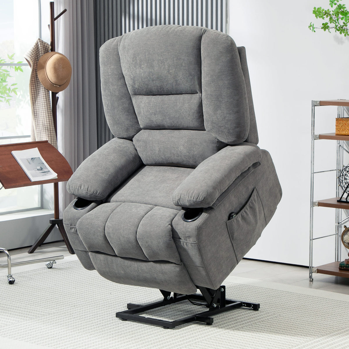 Fauteuil releveur relax électrique, fonction massage et chaleur, inclinaison réglable, repose-pied, télécommandes, gris