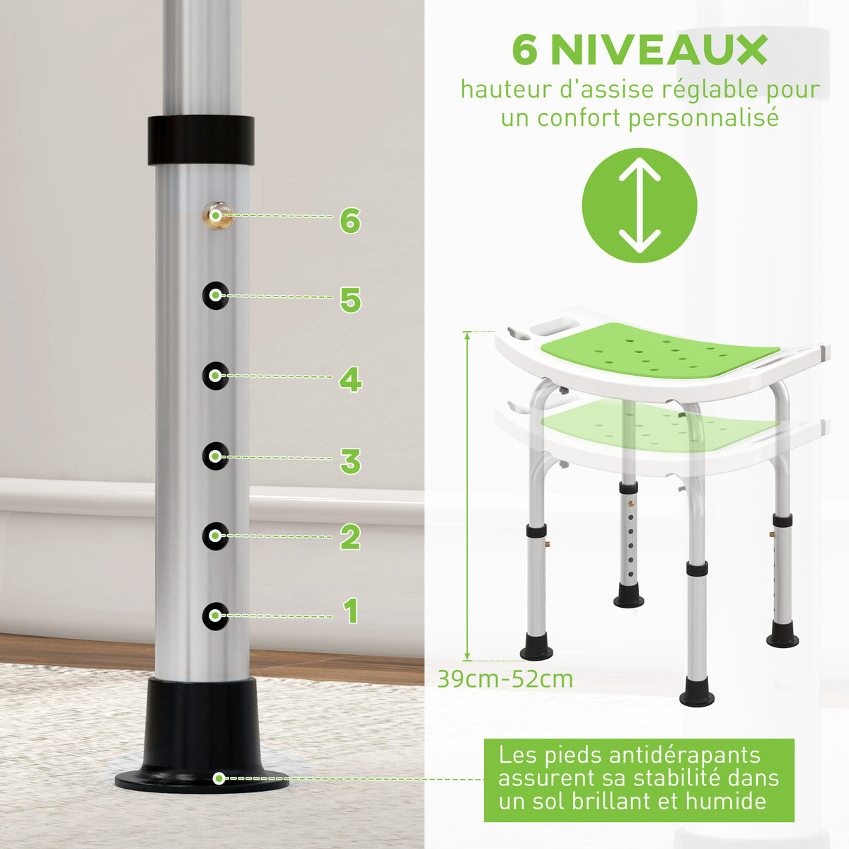 Siège de Douche réglable en Hauteur Tabouret de Douche Ergonomique Pieds antidérapants Charge Max. 135 Kg alu HDPE Vert