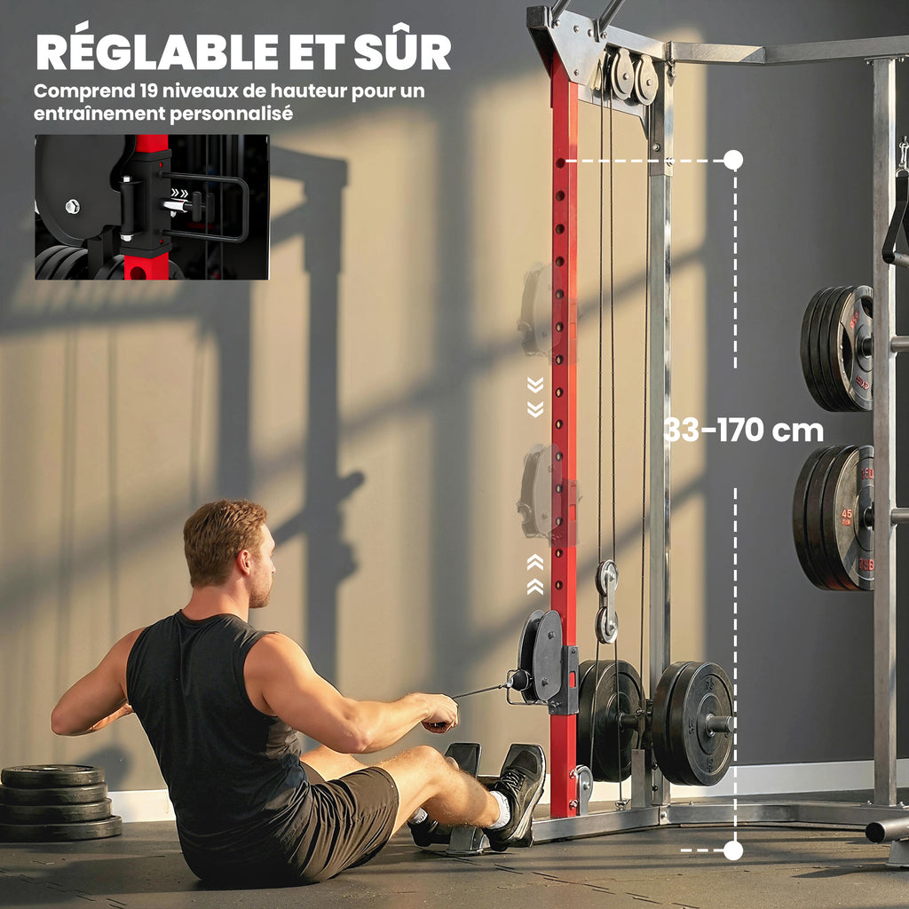 Station de Musculation Power Rack 900kg Double Poulie Réglable 19 Niveaux Home Gym Complet pour Entraînement Force Noir