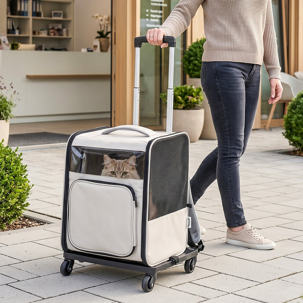 Sac de Transport pour Chat 2-en-1 à Roulettes Pliable Extensible Ventilé Soutien Lombaire Respirant 34x28x43cm Gris