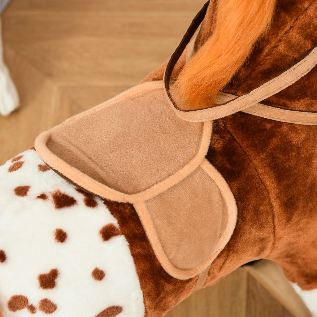 Cheval à Bascule en Bois et Peluche pour Enfant Cheval de Cowboy peluche Pour Enfants de 3-6 Ans Jouet balançoire avec Effet sonore Selle rênes Marron Blanc