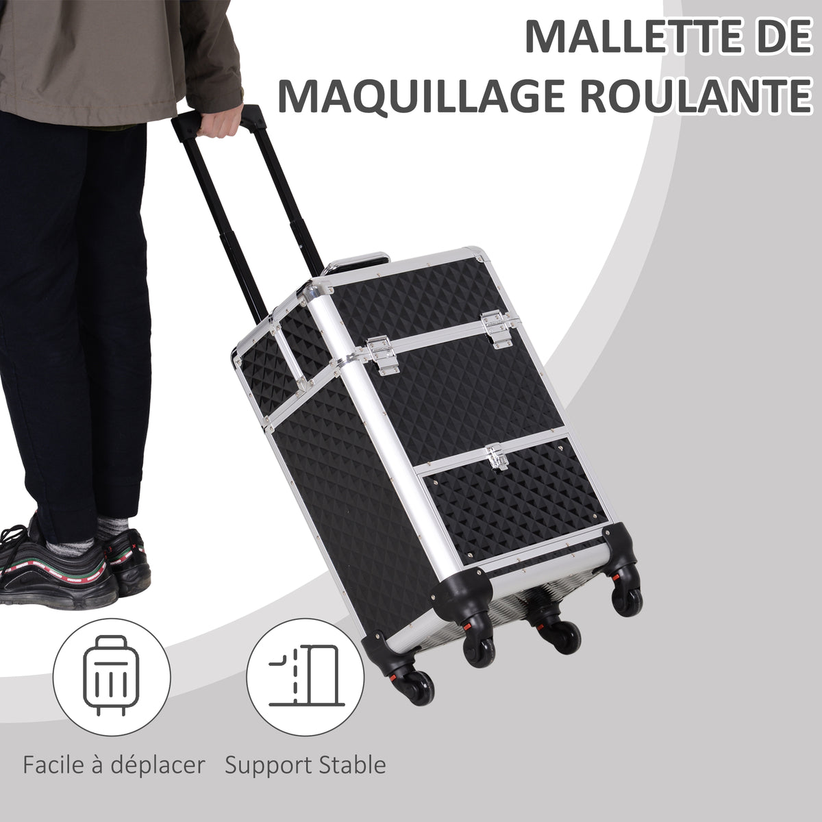 Valise trolley maquillage mallette cosmétique vanity poignée télescopique réglable 34L x 25l x 62H cm alu. noir