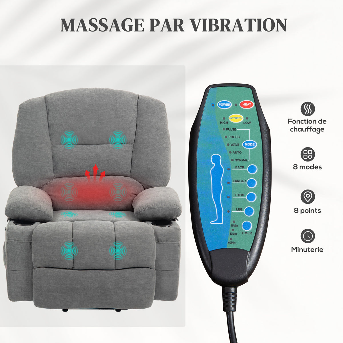 Fauteuil releveur relax électrique, fonction massage et chaleur, inclinaison réglable, repose-pied, télécommandes, gris