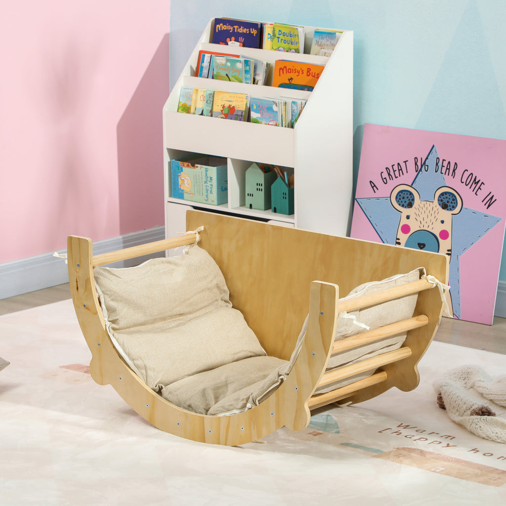 3 en 1 Arche d'escalade fauteuil à bascule et table de jeu coussin, en bois naturel, pour enfants de 18 à 48 mois