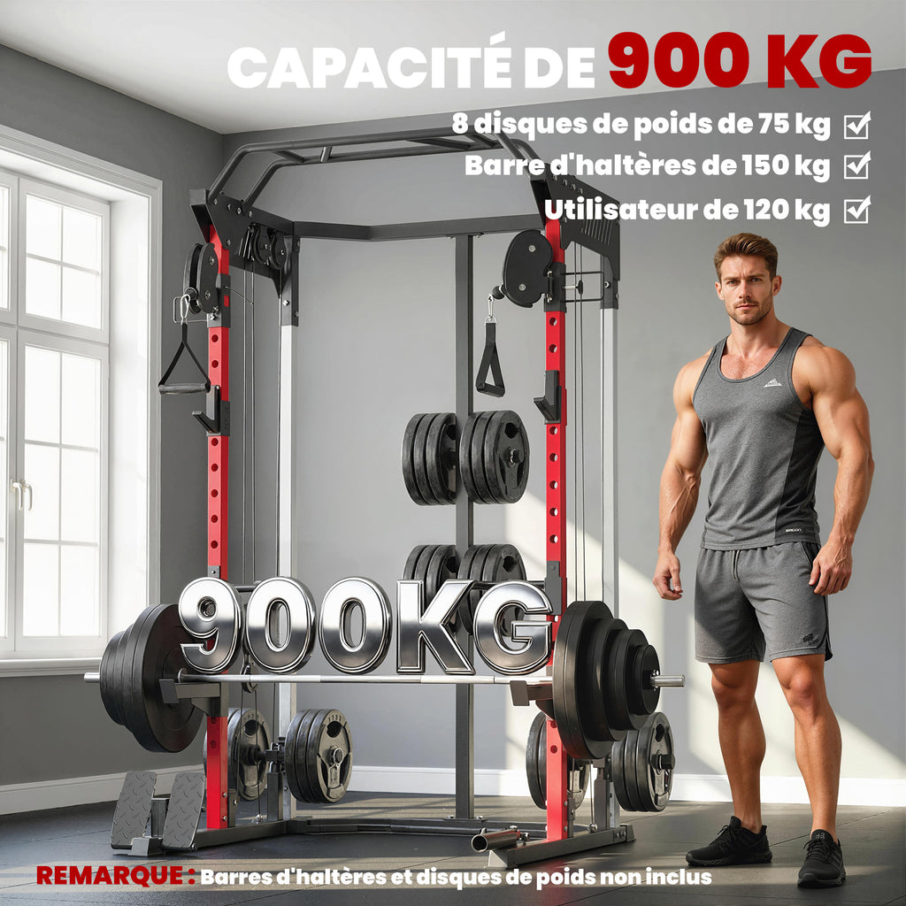 Station de Musculation Power Rack 900kg Double Poulie Réglable 19 Niveaux Home Gym Complet pour Entraînement Force Noir