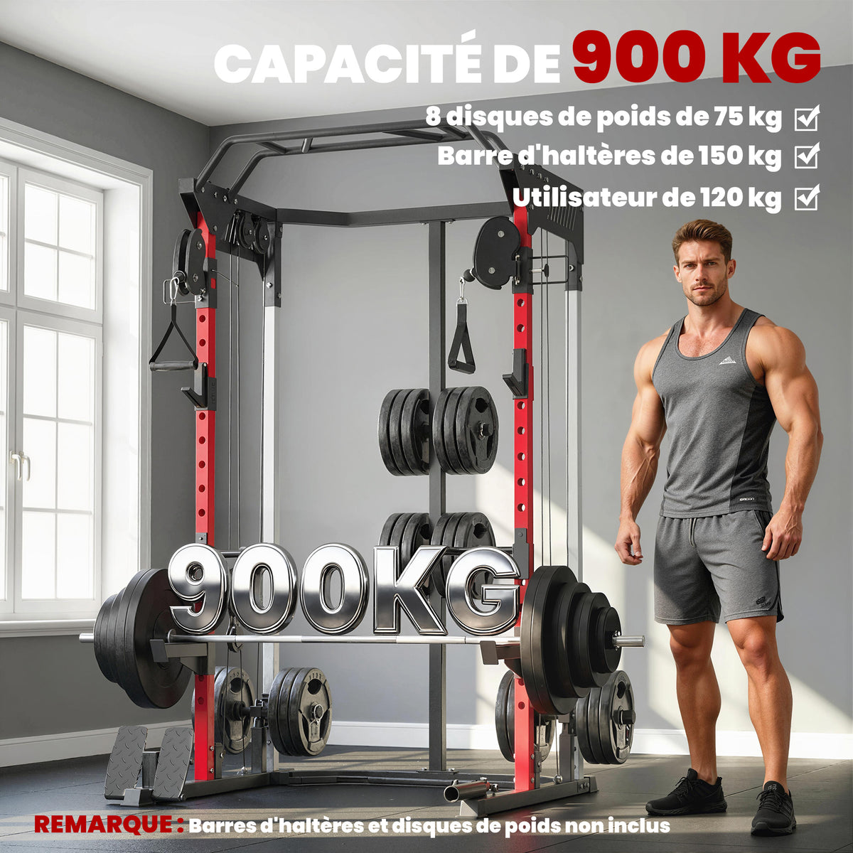 Station de Musculation Power Rack 900kg Double Poulie Réglable 19 Niveaux Home Gym Complet pour Entraînement Force Noir
