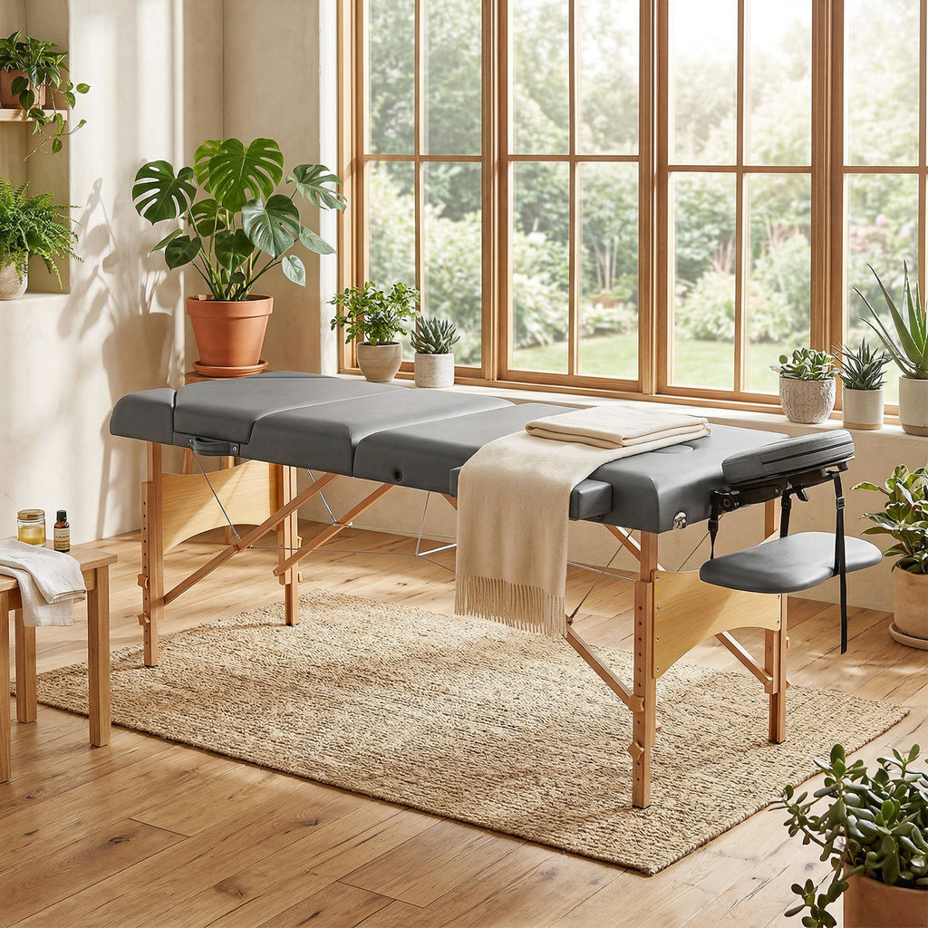 Table de massage pliante, lit de massage 3 zones portable 185 x 60 cm, hauteur et dossier réglables, appui-tête, gris