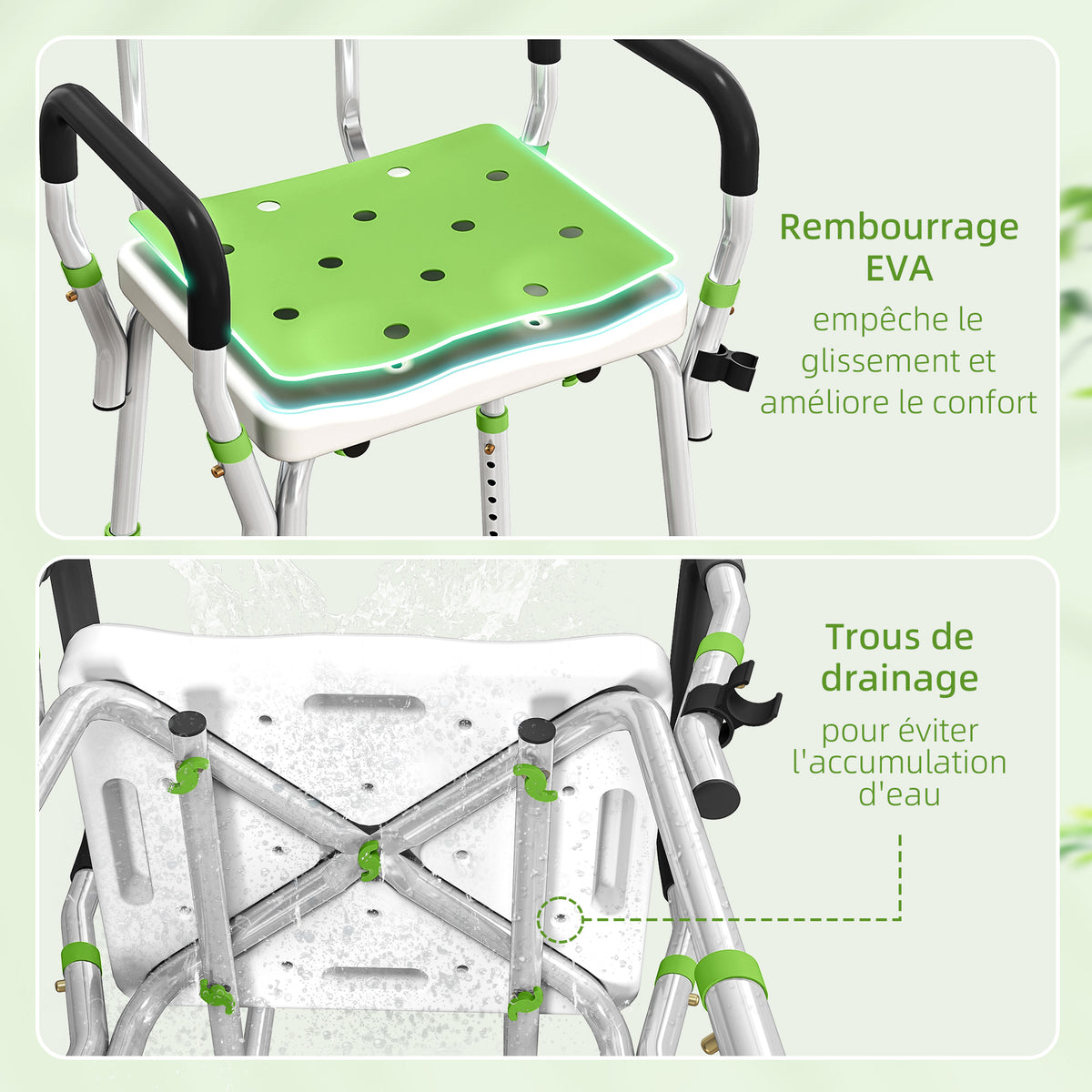Tabouret de douche chaise de douche ergonomique hauteur réglable pieds antidérapants 56,5 x 53,5 x 87 cm blanc et vert