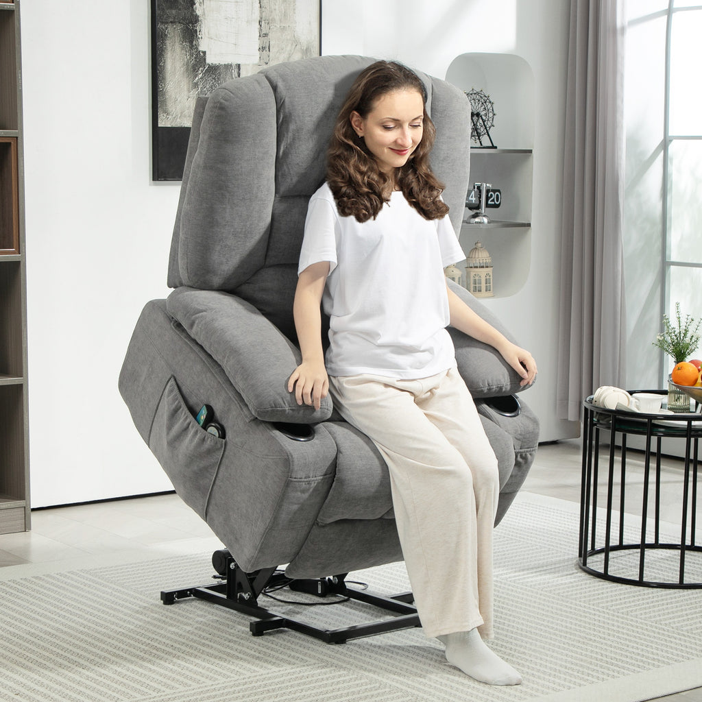 Fauteuil releveur relax électrique, fonction massage et chaleur, inclinaison réglable, repose-pied, télécommandes, gris