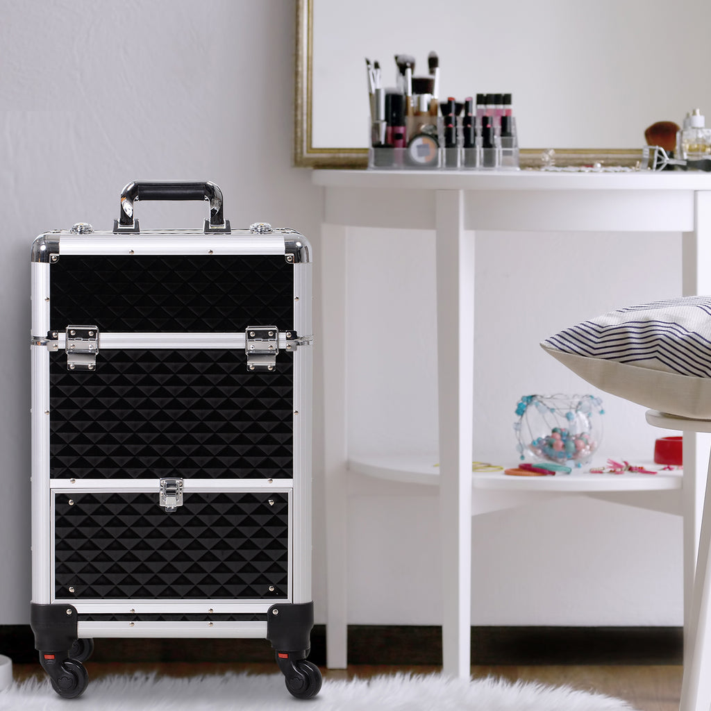 Valise trolley maquillage mallette cosmétique vanity poignée télescopique réglable 34L x 25l x 62H cm alu. noir